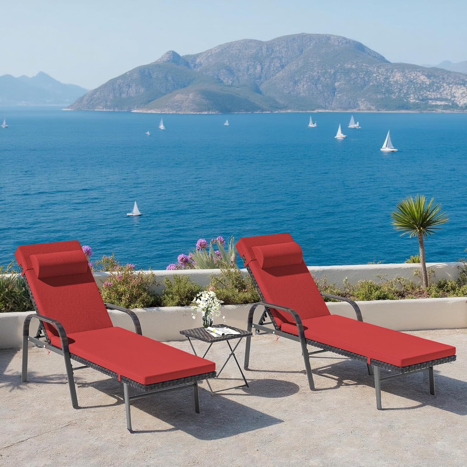 Kullavik Patio Chaise Lounge Set 3 Pieces Outdoor Lounge Chair, Rattan Reclining Chair Adjustable Backrest, Pool Sunbathing Recliners with Folding Table for Poolside Beach, Red